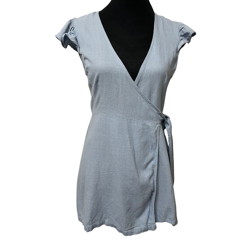 Cotton Candy LA Light Blue Linen Blend Flutter Sleeve Wrap Mini Dress Small